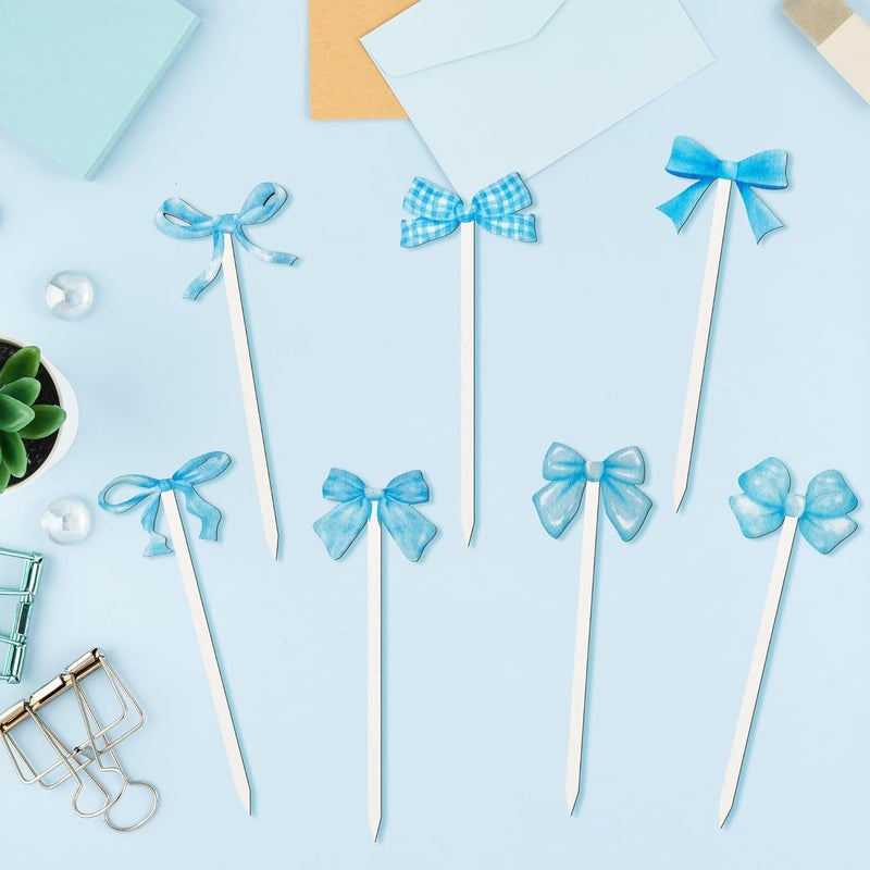 TICIAGA Blue Bow Wooden Pick - 14PCS Blue Bow Tie Double-sided Wooden Decorative Pick for Home Vase Filler Butterfly Knot Floral Wood Decorative Stick for Farmhouse Coquette Theme Decorations for Home - Image 3